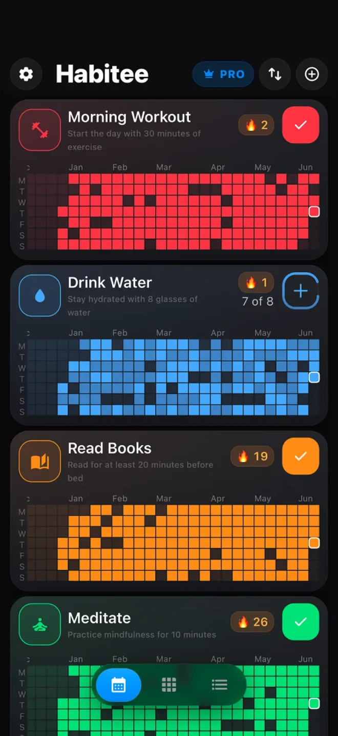 Habitee app — habit list with contribution heatmaps